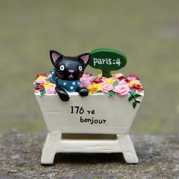Karikatūra Melnais Kaķis, Rožu Dārza Sūnu Ziedu Prop Apdare Lelle Kaķēns Figūriņas Sveķu Pasaku Dārza Namiņš Rotājumu Modelis
