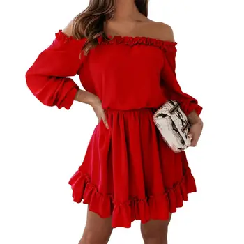 Modes Sievietes Tīrtoņa Krāsu-Line Kleita Raibs Dizains Ruffles Dekoru Slash Kaklu, Rokas Piedurknes Elastīga Vidukļa Slim Mini Kleita