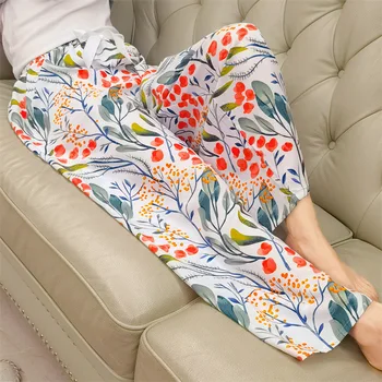 Sieviešu Bikses 2023 Jaunā Pavasara Vasaras Ziedu Sleepwear Plaša Kāju Bikses Ar Augstu Vidukli Gadījuma Sieviešu Teļš-Garums Apģērbs Brīvs Bikses