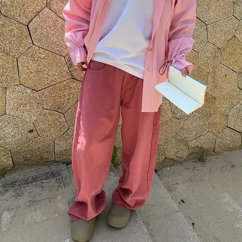 Džinsi Vīriešiem Harajuku lielās Ielas Šiks Baggy Visus-atbilst Cietā Rozā Modes Tīņi Pilna Garuma Bikses Pamata Unisex Apģērbu Koledža