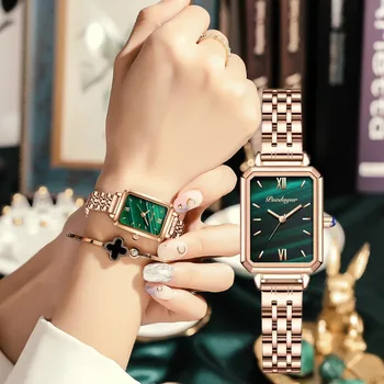 Sieviešu Skatīties Ūdensizturīgs Zaļā Taisnstūra Skalu Luksusa Kvarca Skatīties uz Sieviešu rokassprādze no Nerūsējošā Tērauda rokas Pulkstenis Reloj Mujer ar Lodziņu