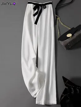 Lielajam 4xl Augsto Vidukli, Taisniem Baggy Pantalones Sieviešu korejas Modes Ledus Zīda Plaša Kāju Bikses Gadījuma Elegants Mežģīņu Augšu, Bikses