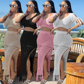 Echoine Sievietes Cieta Trikotāžas Pušķis Kultūraugu Top Un Šķeltas Midi Svārki 2 Divas Gabals, Kas 2023 Vasaras Sexy Modes Beach Brīvdienas Tērpiem
