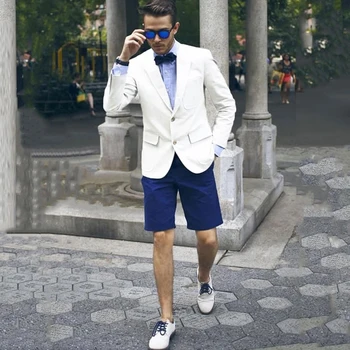 Ziloņkaula Vasaras Vīriešu Uzvalki ar Īsu Zilas Bikses Gadījuma Līgavainis Tuxedos Kāzu Slim Fit 2 Gabals Vīriešu Modes Žakete 2023