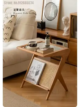 Masīvkoka sānu galda dīvāna noņemams Japāņu ķiršu koka mēbeles rotangpalmas stikla mazo galda plaukts