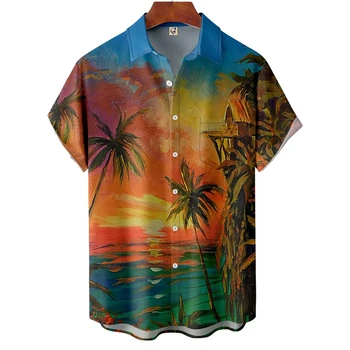 Krekls Vīriešiem Havaju Kokosriekstu Koku Drukāt Vīriešu Krekls Modes Īsām Piedurknēm Topi, T-kreklu Apkakles Pogas, Vīriešu Apģērbu Blūze Topi