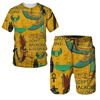 Vasaras Vīriešu Iestatīt Ikdienas Īsām Piedurknēm T-Krekls, Uzvalks Vintage 3D Ēģiptiešu stilā Lielgabarīta Top Šorti Elpojošs Iela Tracksuit
