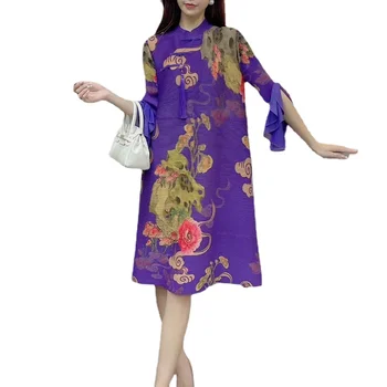 Miyake kroku jaunu Ķīniešu stila nacionālā stila svārki līdz 2023. gada rudenī jaunu retro drukāt stāv apkakles sprādzi zaudēt plus lieluma kleita