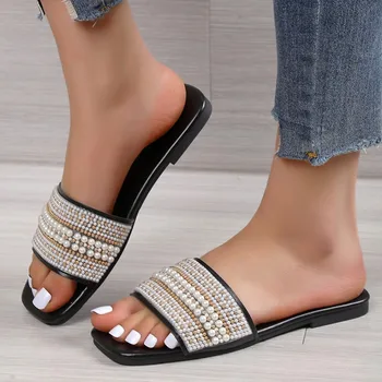 2023 Jaunu Luksusa Zīmolu Vasaras Kurpes Dzīvokļi Sieviešu Flip-flop Čības Kristāla Sandales Dizainera Kleita Gadījuma Mujer Zapatos Slaidi