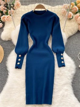 SINGREINY Pogu Loose Knit Midi Kleitu Cietā Sievietes O Kakla Laternu Piedurknēm, Elegants Modes 2023 Dāmas Gadījuma Ziemas Siltas Kleitas