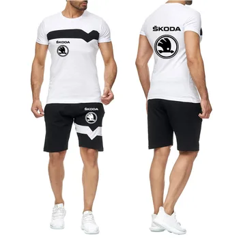 JAUNU Vīriešu Modes gadījuma Skoda automašīnu Logo, Hip hop, street vasaras Modes gadījuma vienkrāsainu kokvilnas T-krekls + bikses 2-piece set