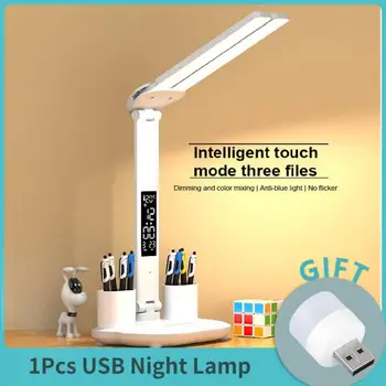 LED Galda Lampa USB Aptumšojami Touch Salokāms Galda Lampa Ar Kalendārā Temperatūra Pulksteņa Nakts Gaisma Studiju galda Lampas