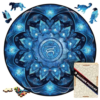 Apaļā Lotus Koka Puzles, Rotaļlietas Hobiji Mandala Jigsaw Puzzle Atjautības Spēles, Ģimenes Čakra Vishuddha 3D Koka Noslēpums Puzzle Kastes