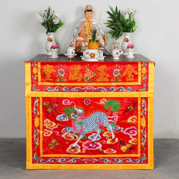 Budistu MĀJAS Templi Pielūgt Guanyin Budas JIN YU CILVĒKS TANG Labs Pūķis Unicorn Izšuvumi Altāra galda kameras Aizvara