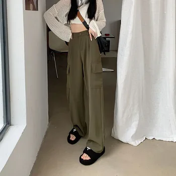 Harajuku Vintage Sieviešu Kravas Bikses Y2K Modes Augsto Vidukli, Zaudēt Kabatas Gadījuma Plaša Kāju Bikses Streetwear Taisnas Bikses