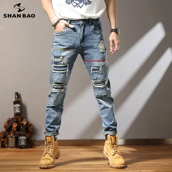 Premium Blue Jeans Pavasara un Rudens Modes Slim Pieguļošs Vīriešu Bikses Gadījuma un Universāls Lielgabarīta Harajuku Zīmolu VĪRIEŠU Bikses