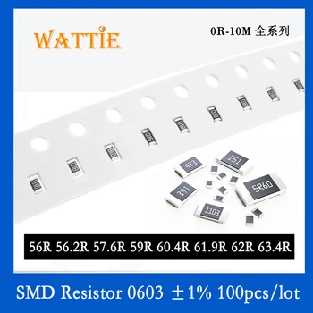 SMD Rezistors 0603 1% 56R 56.2 R 57.6 R 59R 60.4 R 61.9 R 62R 63.4 R 100GAB/daudz chip rezistori 1/10W 1.6 mm*0.8 mm