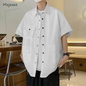 Vasaras Balti Krekli Vīriešu Šiks Pogu Dizains Pusi Piedurknēm Topi Mājīgu Korejiešu Stilā, Skaists High Street Koledžas Apģērbu, Virsdrēbju