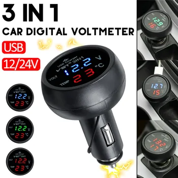 3 in 1 Automašīnas Ciparu LED Voltmetrs Temperatūra 12V/24V Skaitītājs Voltmetrs piepīpētāja Digitālo Auto USB 5V/ 2.1 Lādētāju, 3 Veidi