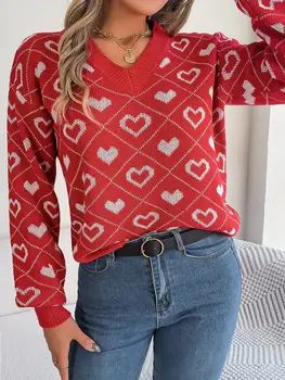 Brīvā laika Sieviešu Džemperis 2023 Salds Kontrasta Krāsu Mīlestība Laternu Piedurknēm Džemperi Sieviešu Džemperis Adīts Tops OLA Apģērbu Femme