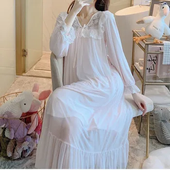 Nightdress Sievietēm, Mežģīņu Acu garām Piedurknēm Princese Salds Sleepshirts Nightgowns Kleita Vintage Homewear Naktsveļu Vakara Kleita